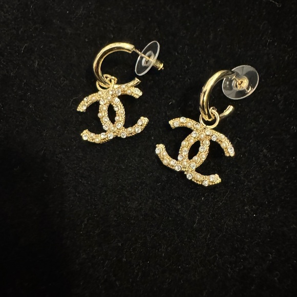 CHANEL Gold Logo Earrings with Crystal Embellishments - Picture 1 of 8
